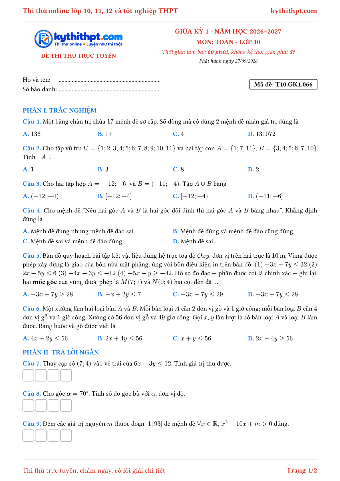 Trang đầu Đề thi thử online giữa kỳ 1 môn Toán lớp 10 - trắc nghiệm + trả lời ngắn - đề 067