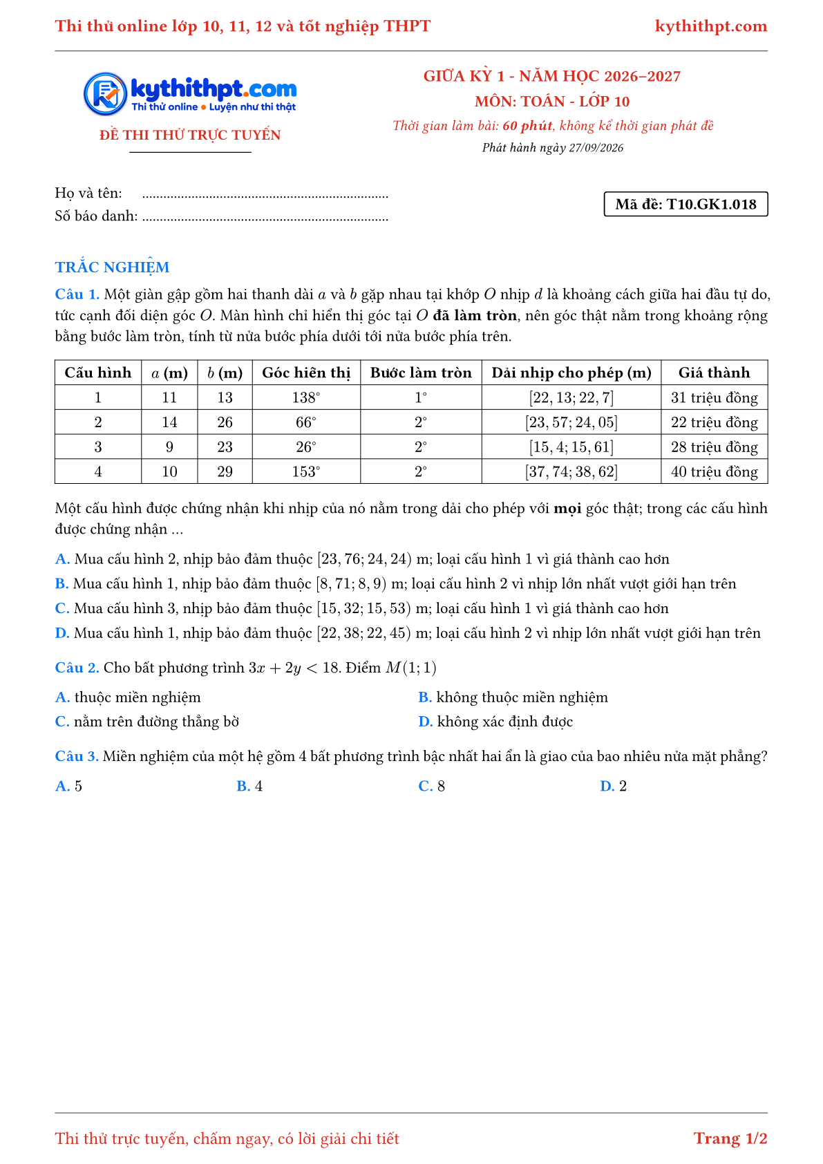 Trang đầu Đề thi thử online giữa kỳ 1 môn Toán lớp 10 - full trắc nghiệm - đề 018