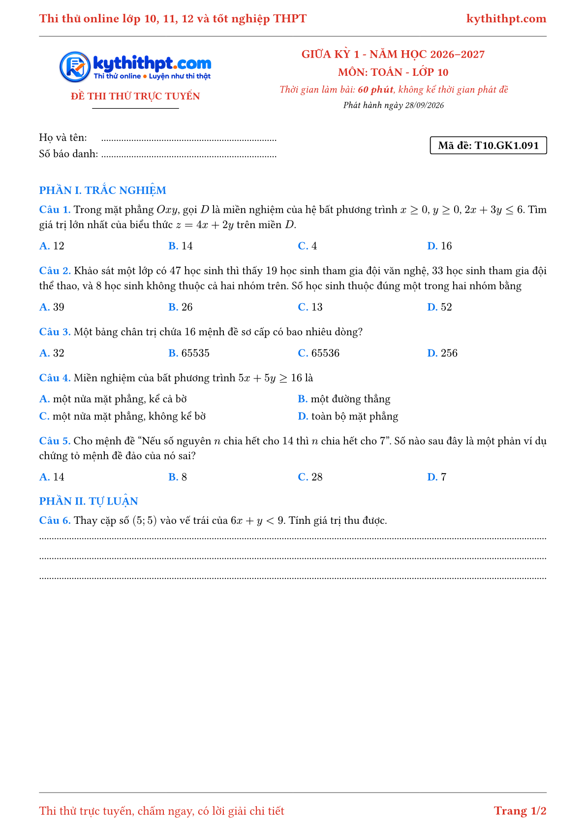 Trang đầu Đề thi thử online giữa kỳ 1 môn Toán lớp 10 - trắc nghiệm + tự luận - đề 092