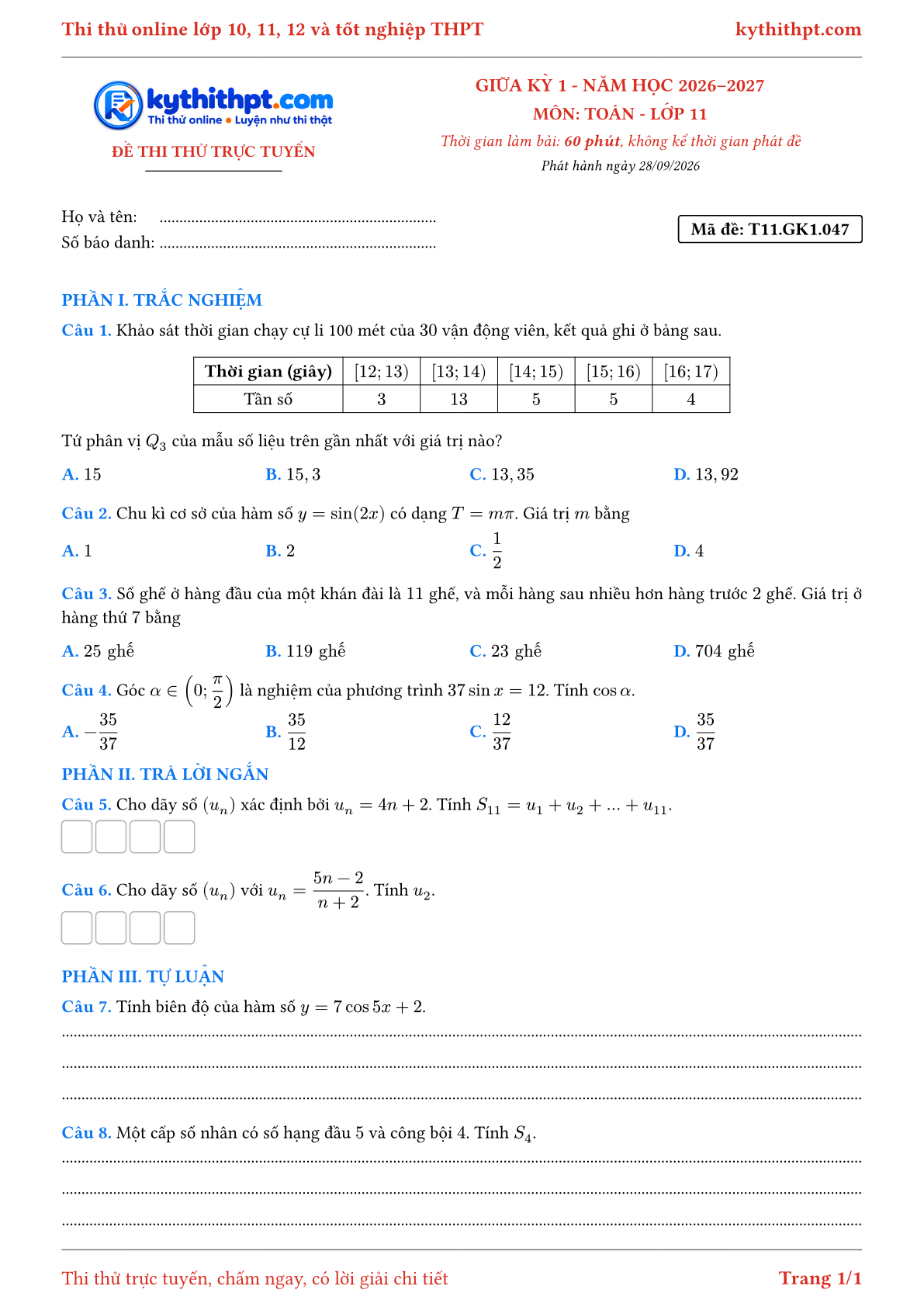 Trang đầu Đề thi thử online giữa kỳ 1 môn Toán lớp 11 - trắc nghiệm + trả lời ngắn + tự luận - đề 048