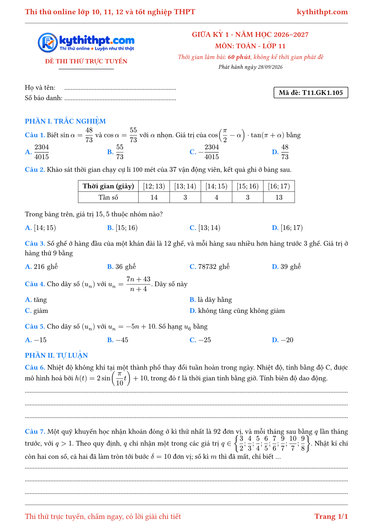 Trang đầu Đề thi thử online giữa kỳ 1 môn Toán lớp 11 - trắc nghiệm + tự luận - đề 107