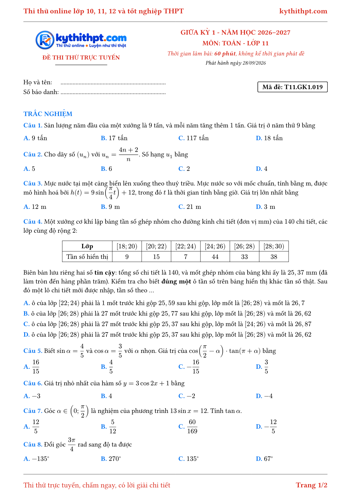Trang đầu Đề thi thử online giữa kỳ 1 môn Toán lớp 11 - full trắc nghiệm - đề 019