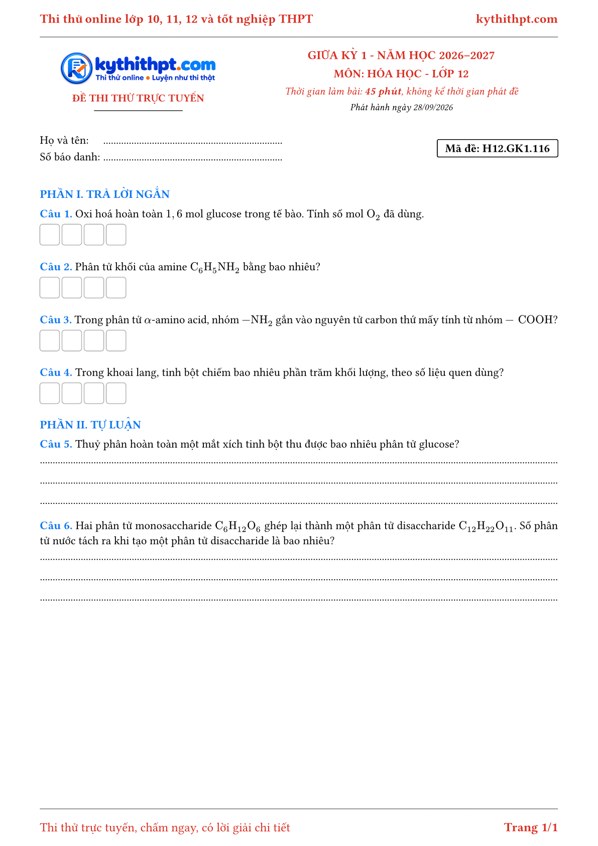 Trang đầu Đề thi thử online giữa kỳ 1 môn Hóa học lớp 12 - trả lời ngắn + tự luận - đề 118