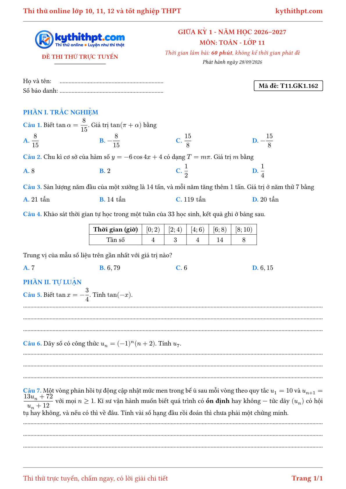 Trang đầu Đề thi thử online giữa kỳ 1 môn Toán lớp 11 - trắc nghiệm + tự luận nâng cao - đề 166