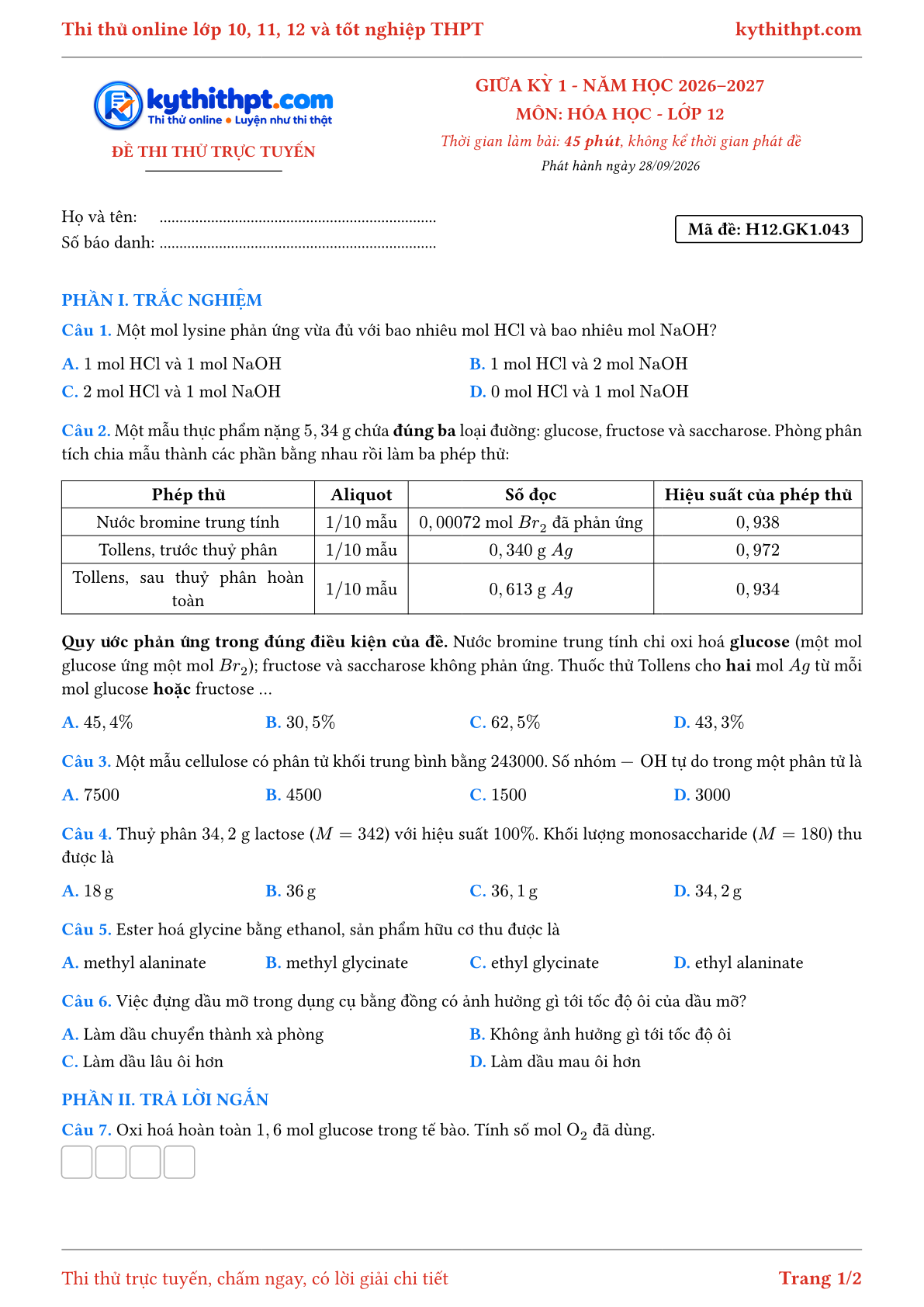 Trang đầu Đề thi thử online giữa kỳ 1 môn Hóa học lớp 12 - trắc nghiệm + trả lời ngắn - đề 043