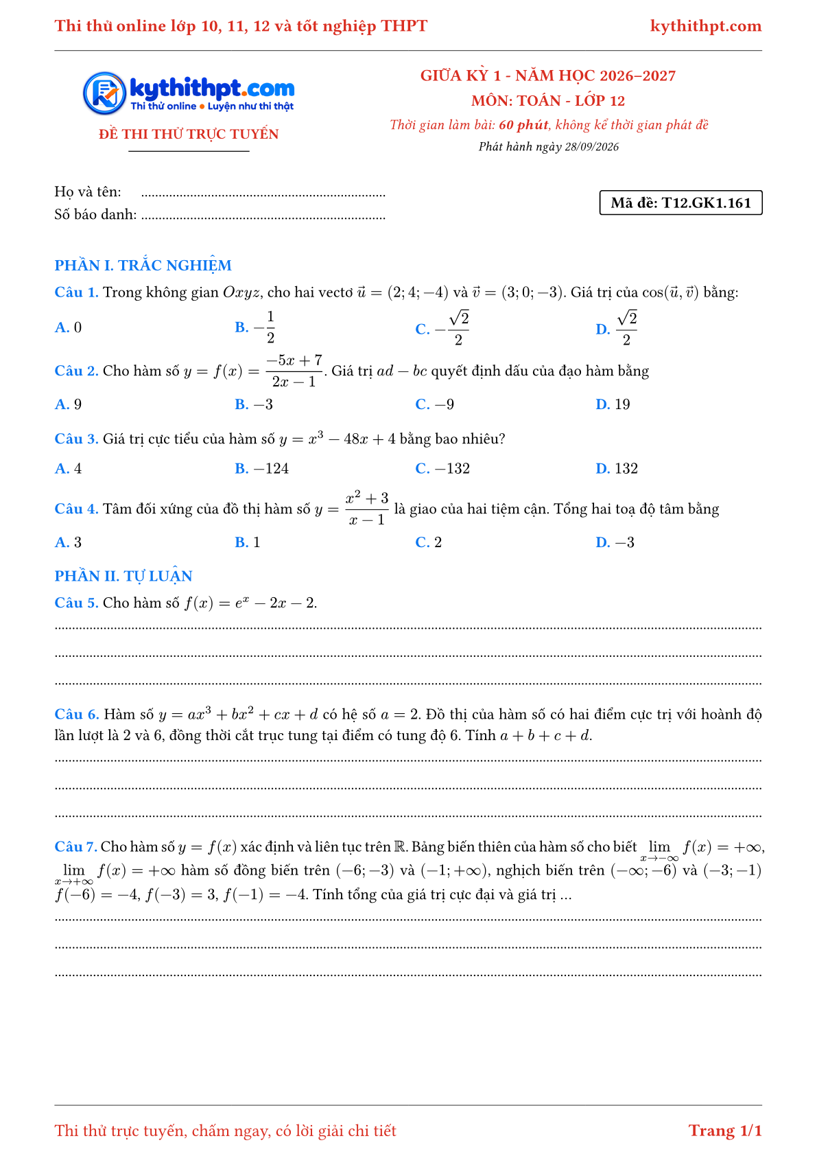 Trang đầu Đề thi thử online giữa kỳ 1 môn Toán lớp 12 - trắc nghiệm + tự luận nâng cao - đề 161