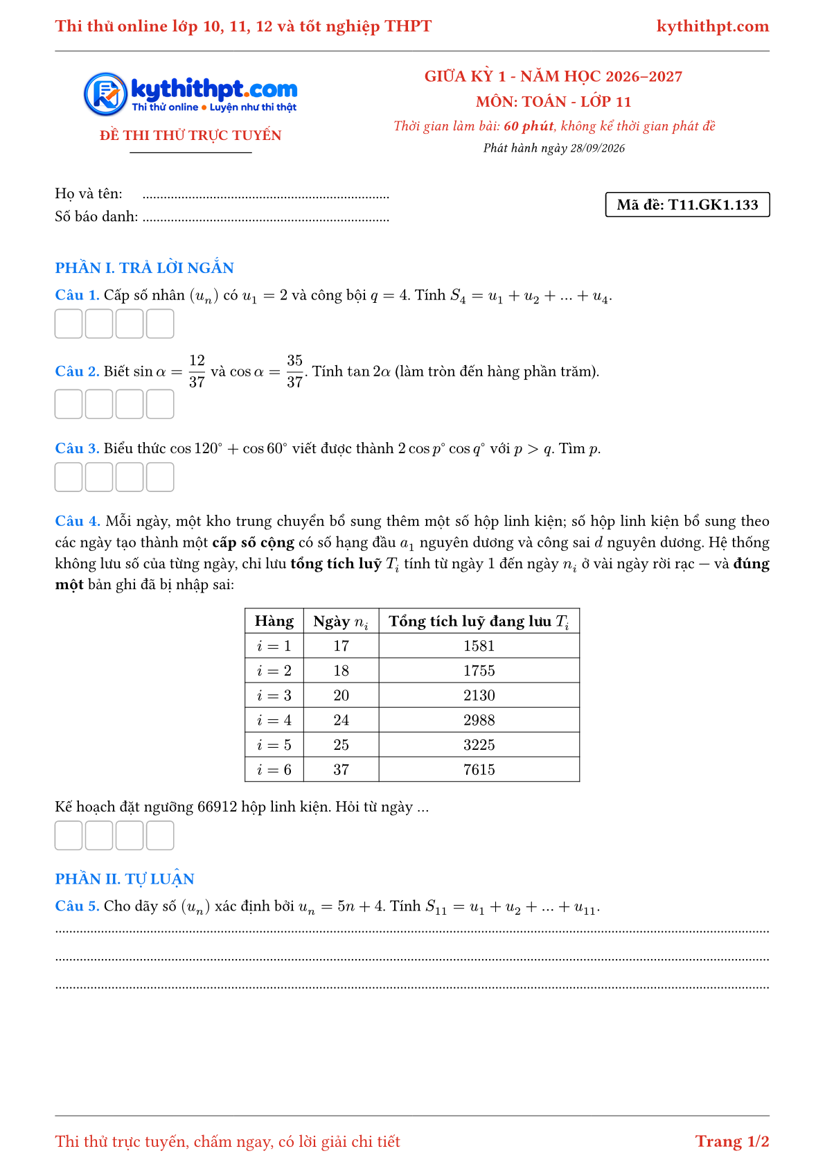 Trang đầu Đề thi thử online giữa kỳ 1 môn Toán lớp 11 - trả lời ngắn + tự luận - đề 136