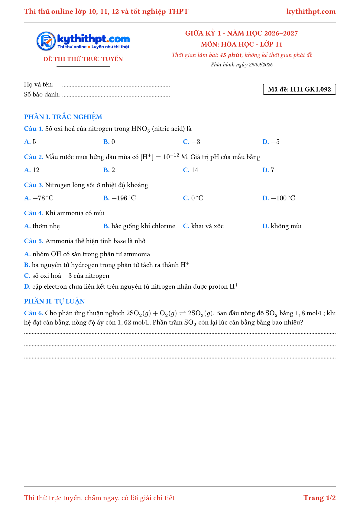 Trang đầu Đề thi thử online giữa kỳ 1 môn Hóa học lớp 11 - trắc nghiệm + tự luận - đề 094