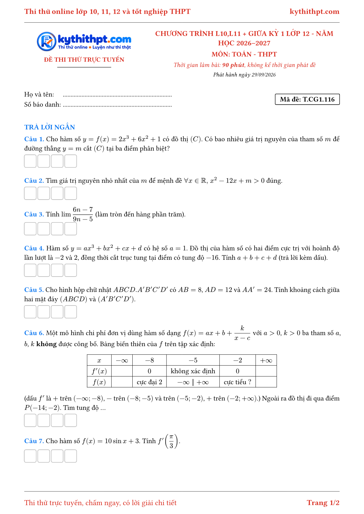 Trang đầu Đề thi thử online môn Toán theo chương trình lớp 10, 11 và giữa kỳ 1 lớp 12 - ôn luyện trả lời ngắn - đề 118