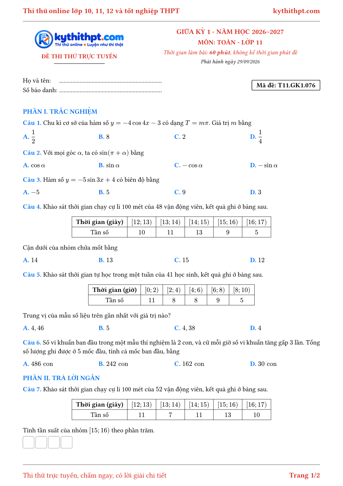 Trang đầu Đề thi thử online giữa kỳ 1 môn Toán lớp 11 - trắc nghiệm + trả lời ngắn - đề 078