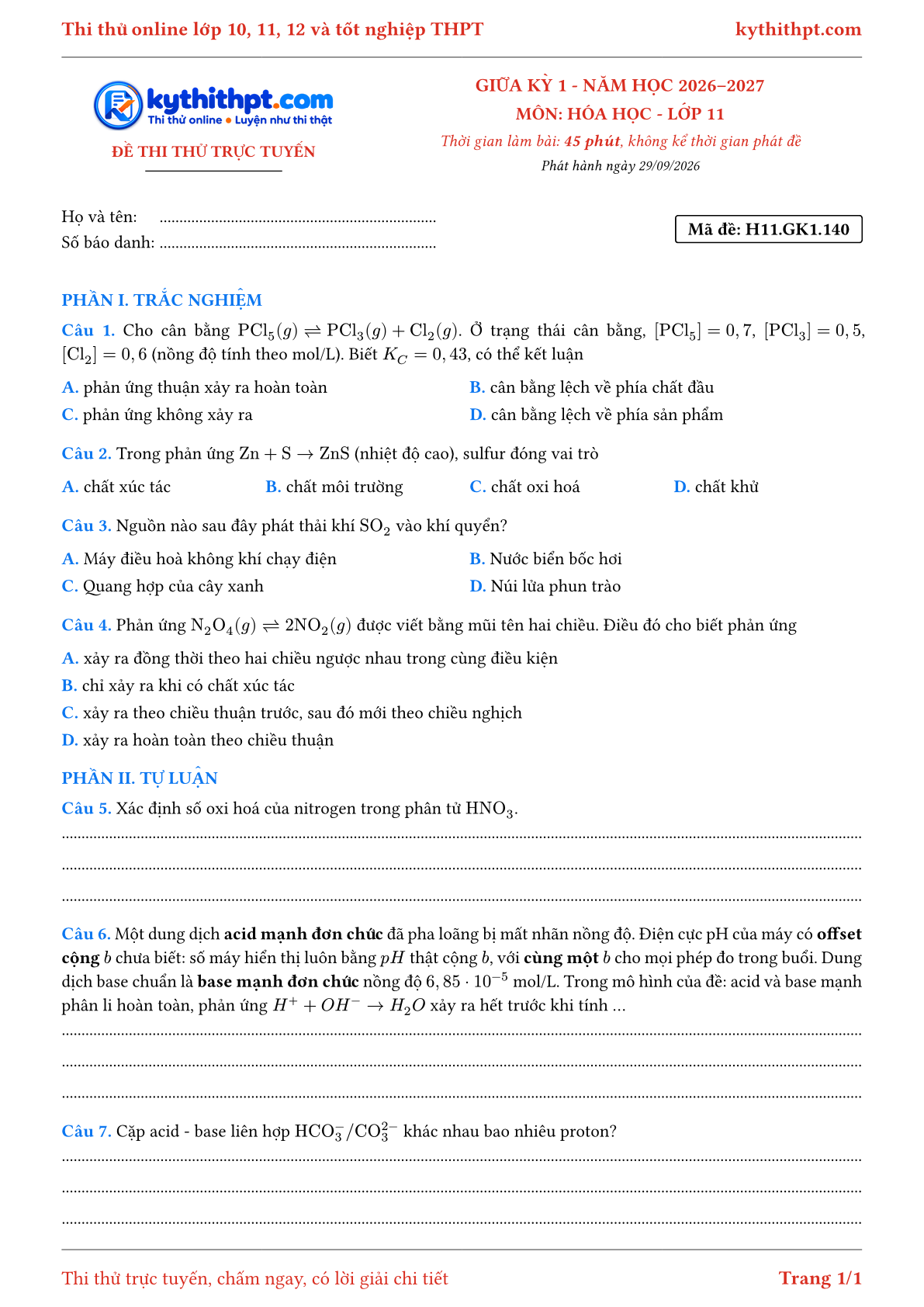 Trang đầu Đề thi thử online giữa kỳ 1 môn Hóa học lớp 11 - trắc nghiệm + tự luận nâng cao - đề 143
