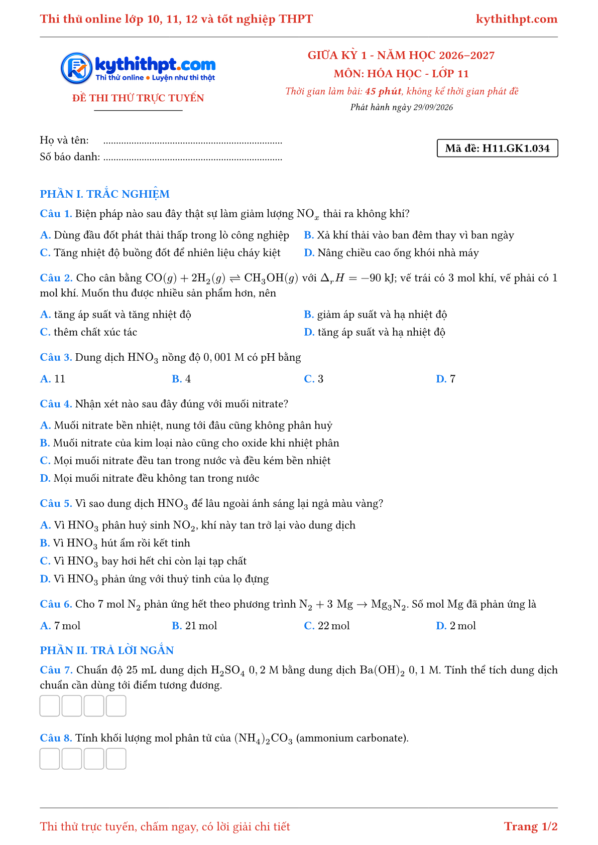 Trang đầu Đề thi thử online giữa kỳ 1 môn Hóa học lớp 11 - trắc nghiệm + trả lời ngắn - đề 035