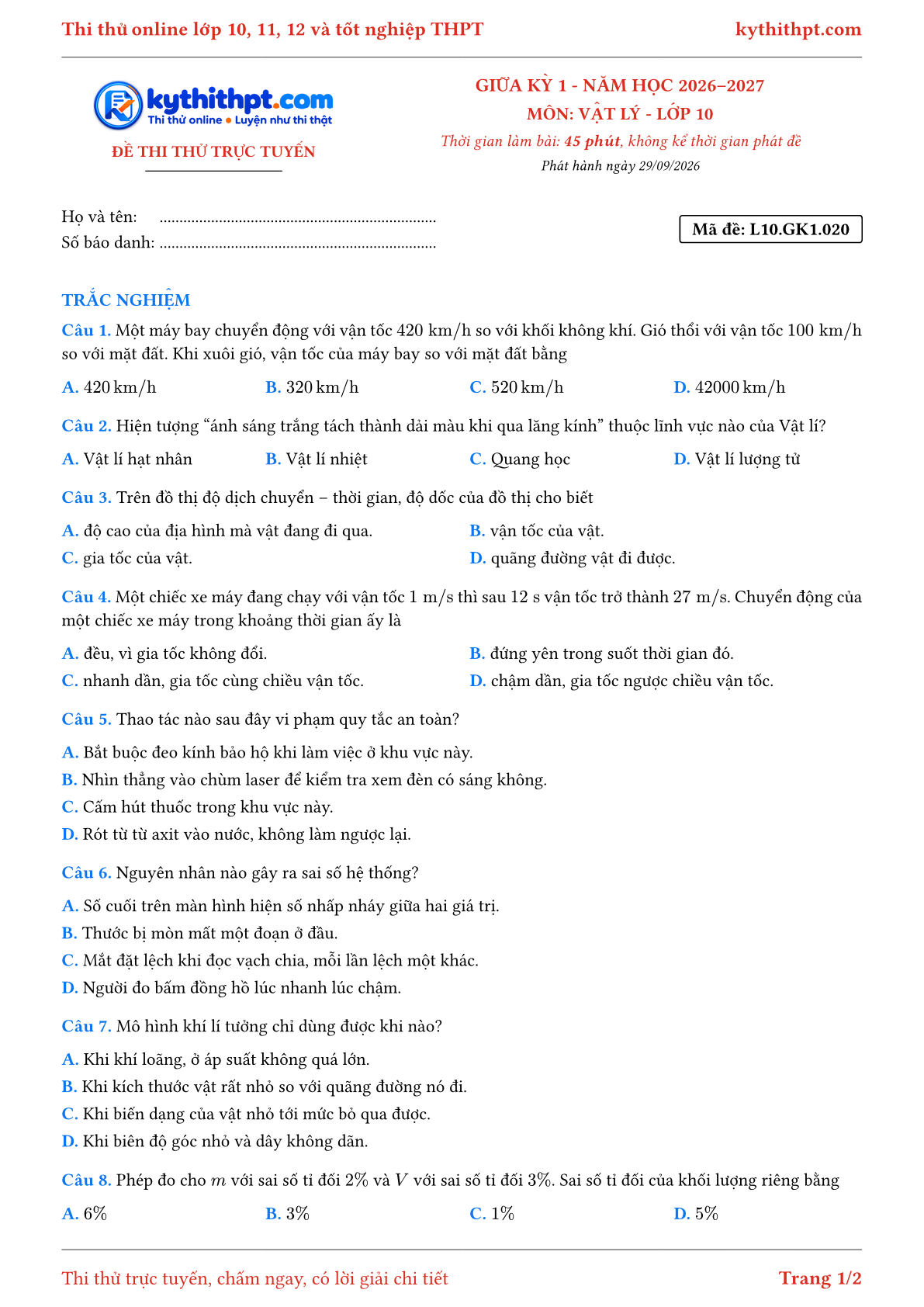 Trang đầu Đề thi thử online giữa kỳ 1 môn Vật lý lớp 10 - full trắc nghiệm - đề 020