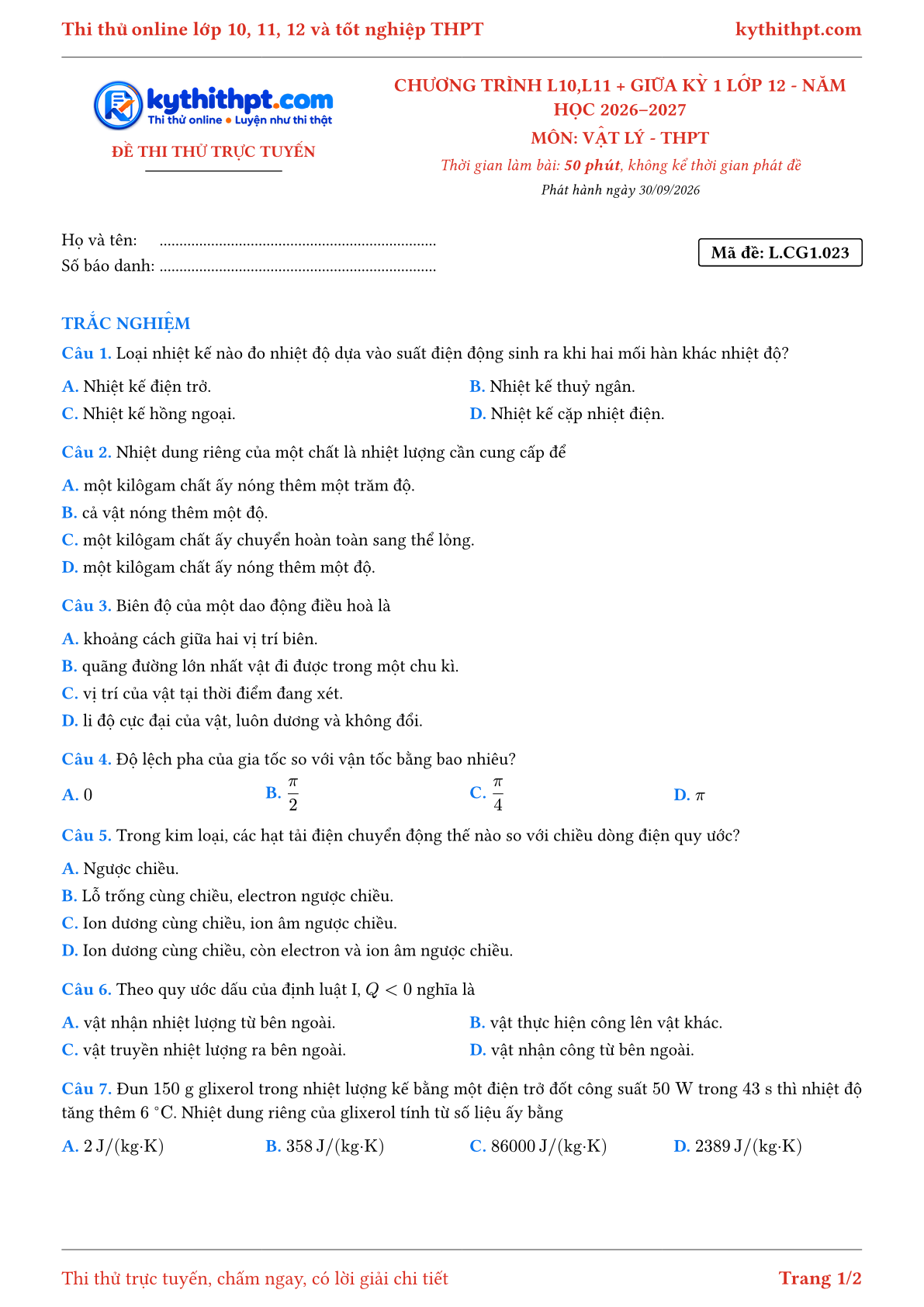 Trang đầu Đề thi thử online môn Vật lý theo chương trình lớp 10, 11 và giữa kỳ 1 lớp 12 - chuẩn cấu trúc tốt nghiệp - đề 023