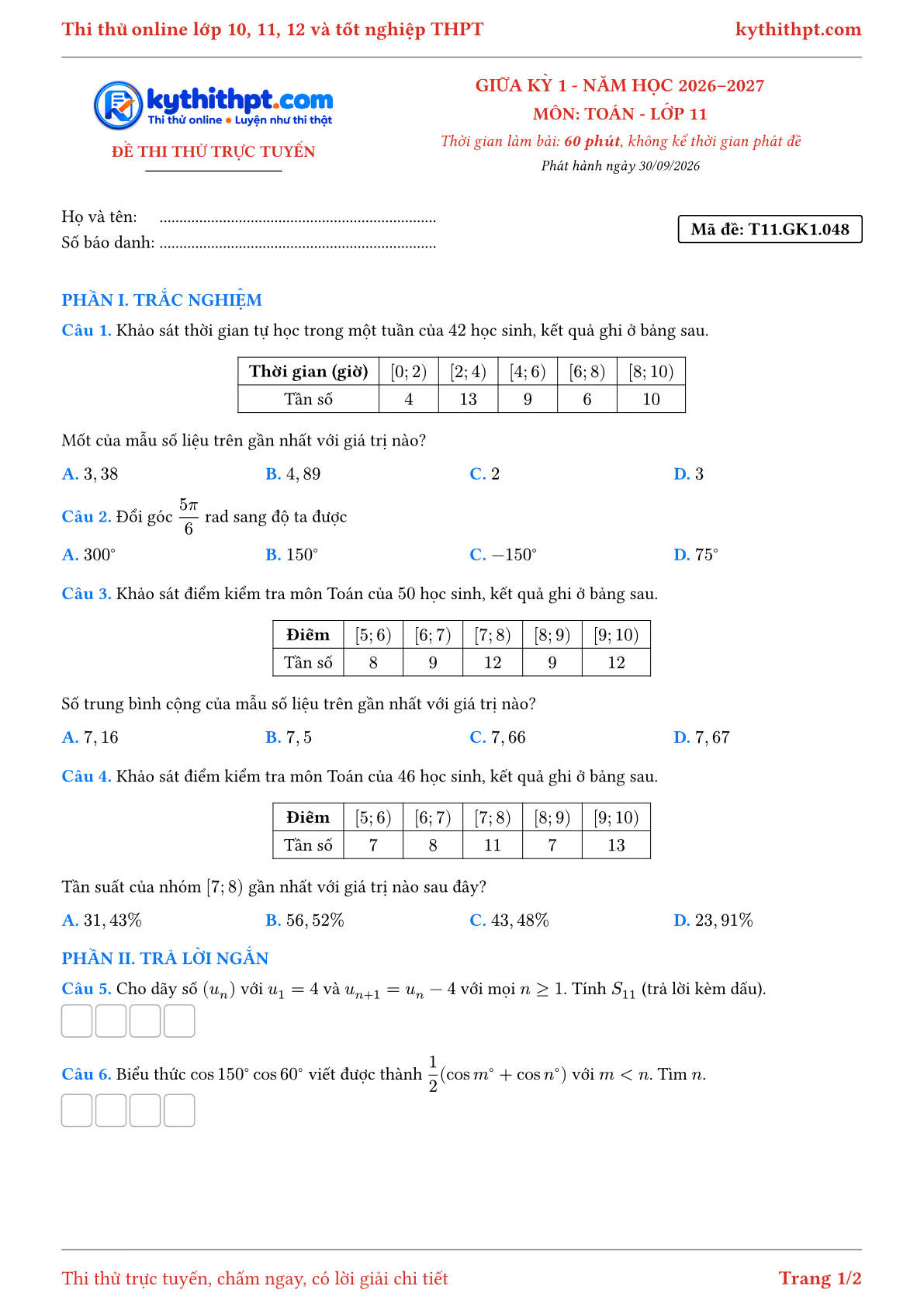 Trang đầu Đề thi thử online giữa kỳ 1 môn Toán lớp 11 - trắc nghiệm + trả lời ngắn + tự luận - đề 049
