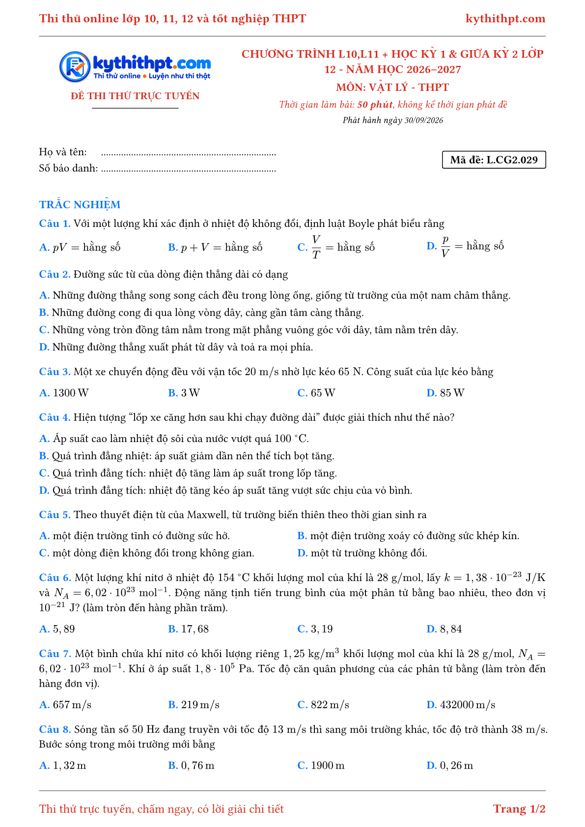 Trang đầu Đề thi thử online môn Vật lý theo chương trình lớp 10, 11 và học kỳ 1, giữa kỳ 2 lớp 12 - ôn luyện trắc nghiệm - đề 029