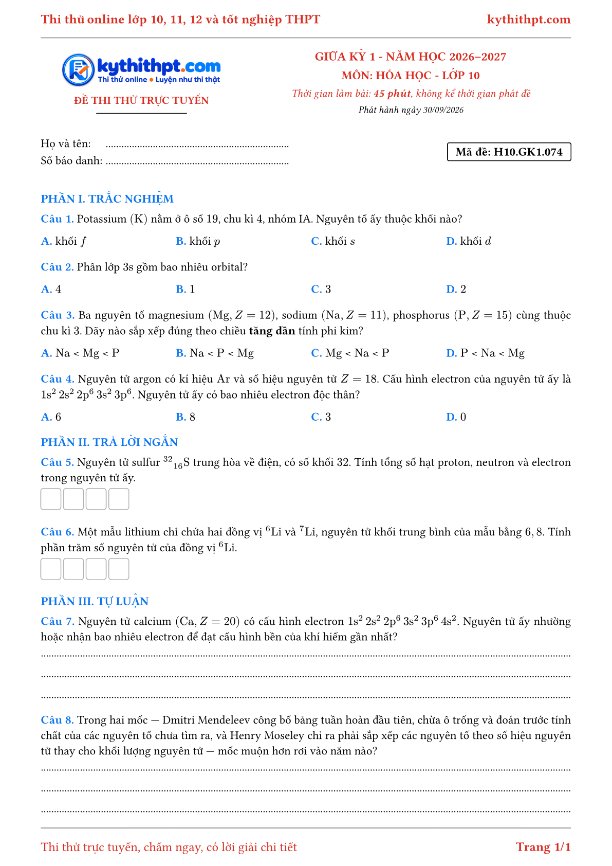 Trang đầu Đề thi thử online giữa kỳ 1 môn Hóa học lớp 10 - trắc nghiệm + trả lời ngắn + tự luận - đề 076