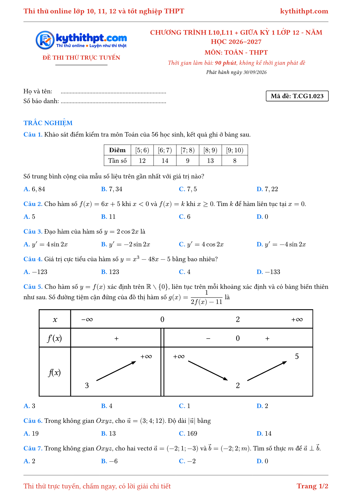 Trang đầu Đề thi thử online môn Toán theo chương trình lớp 10, 11 và giữa kỳ 1 lớp 12 - chuẩn cấu trúc tốt nghiệp - đề 023