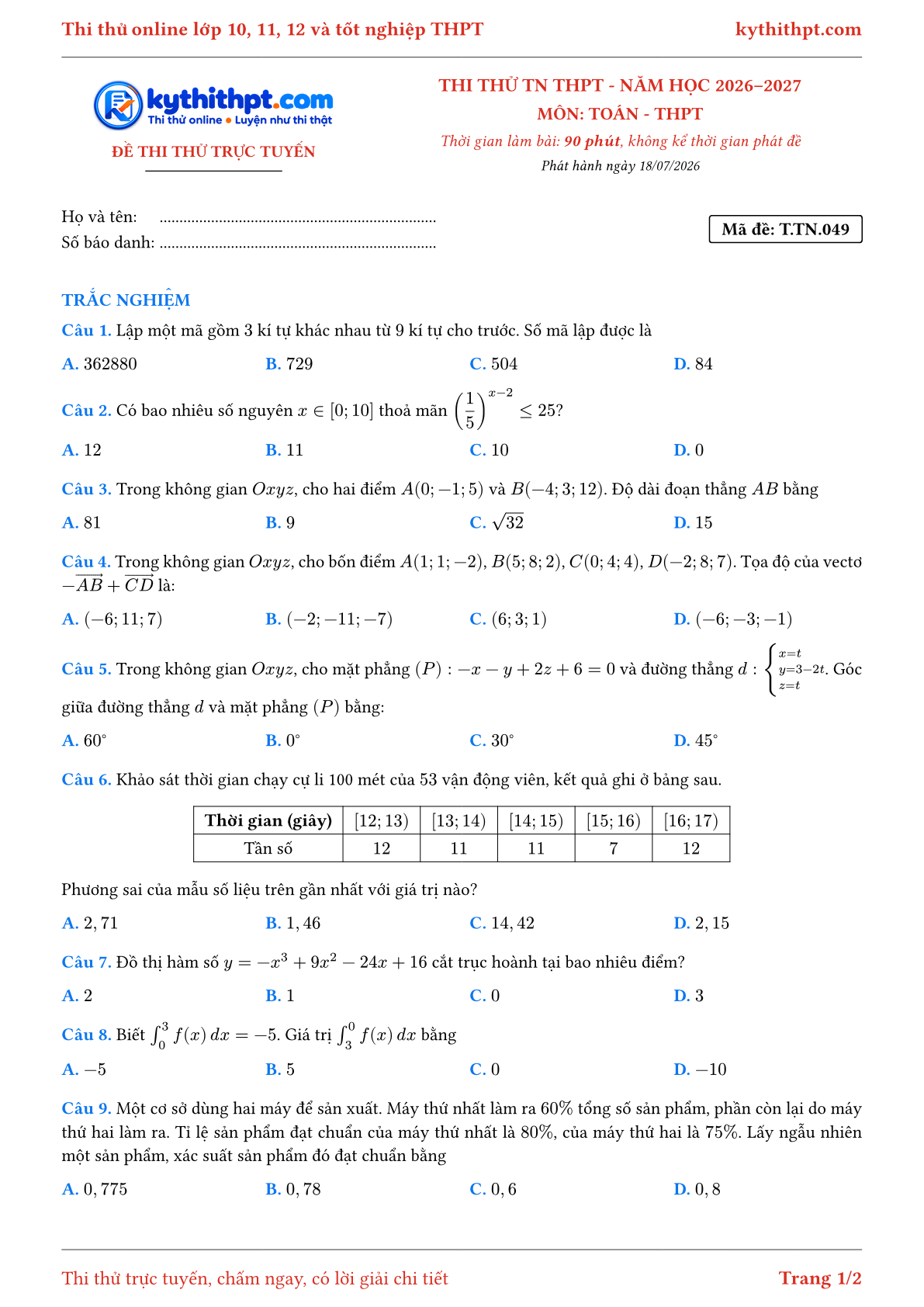 Trang đầu Đề thi thử online tốt nghiệp THPT môn Toán - ôn luyện trắc nghiệm - đề 049