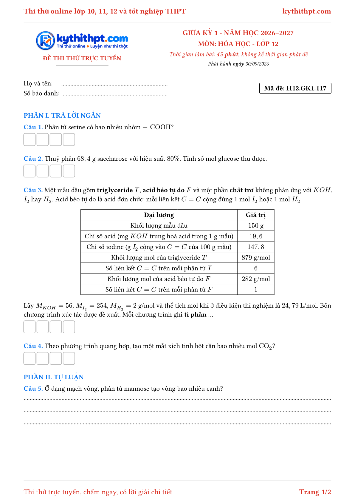 Trang đầu Đề thi thử online giữa kỳ 1 môn Hóa học lớp 12 - trả lời ngắn + tự luận - đề 119