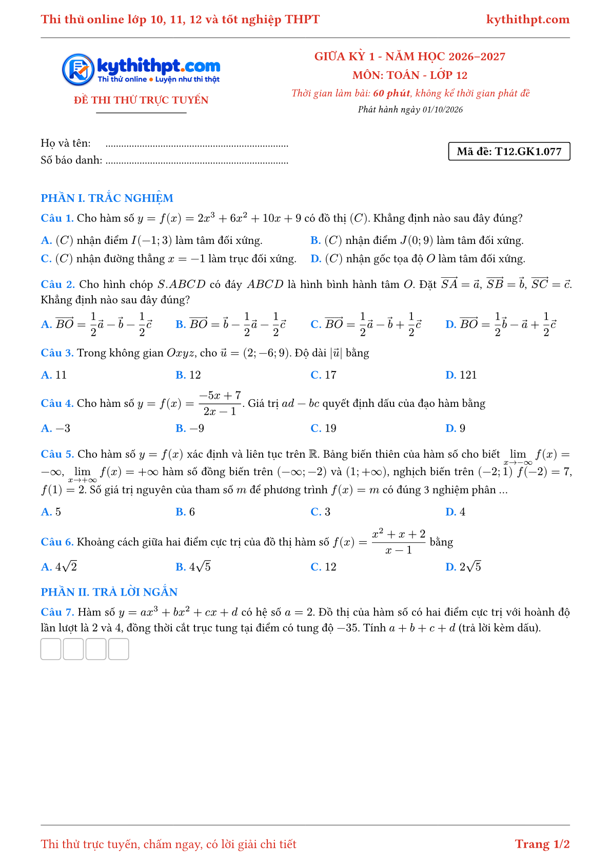 Trang đầu Đề thi thử online giữa kỳ 1 môn Toán lớp 12 - trắc nghiệm + trả lời ngắn - đề 077