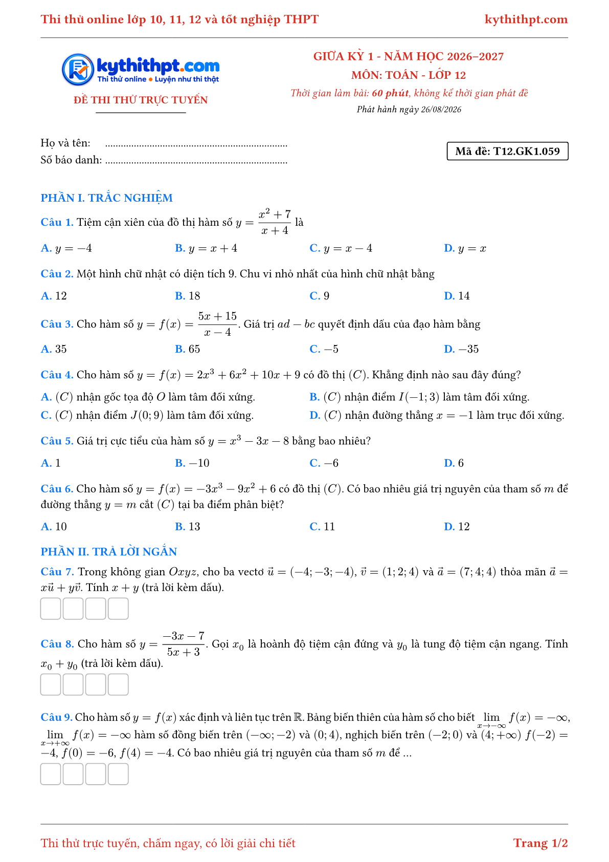 Trang đầu Đề thi thử online giữa kỳ 1 môn Toán lớp 12 - trắc nghiệm + trả lời ngắn - đề 059