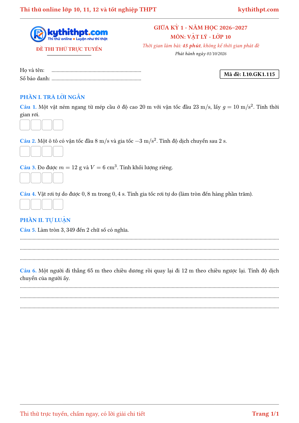 Trang đầu Đề thi thử online giữa kỳ 1 môn Vật lý lớp 10 - trả lời ngắn + tự luận - đề 117