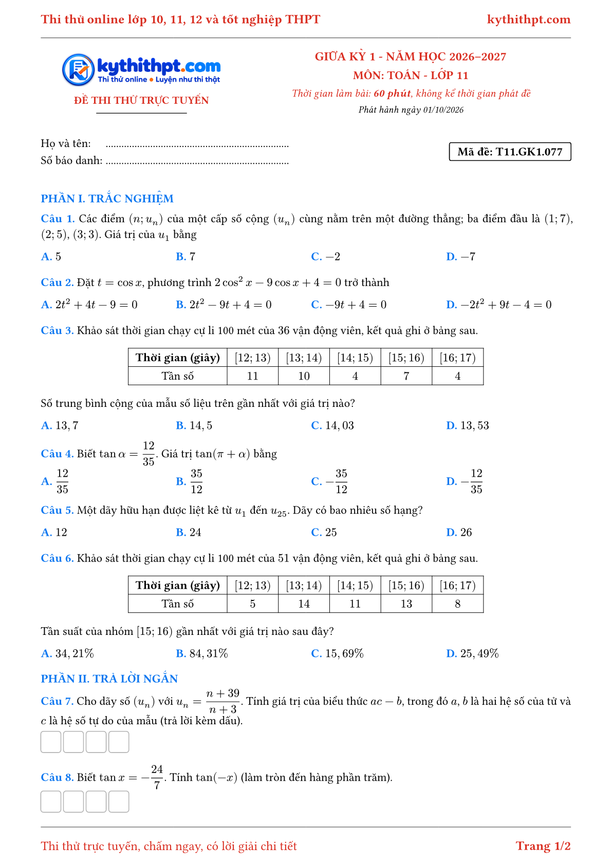 Trang đầu Đề thi thử online giữa kỳ 1 môn Toán lớp 11 - trắc nghiệm + trả lời ngắn - đề 079