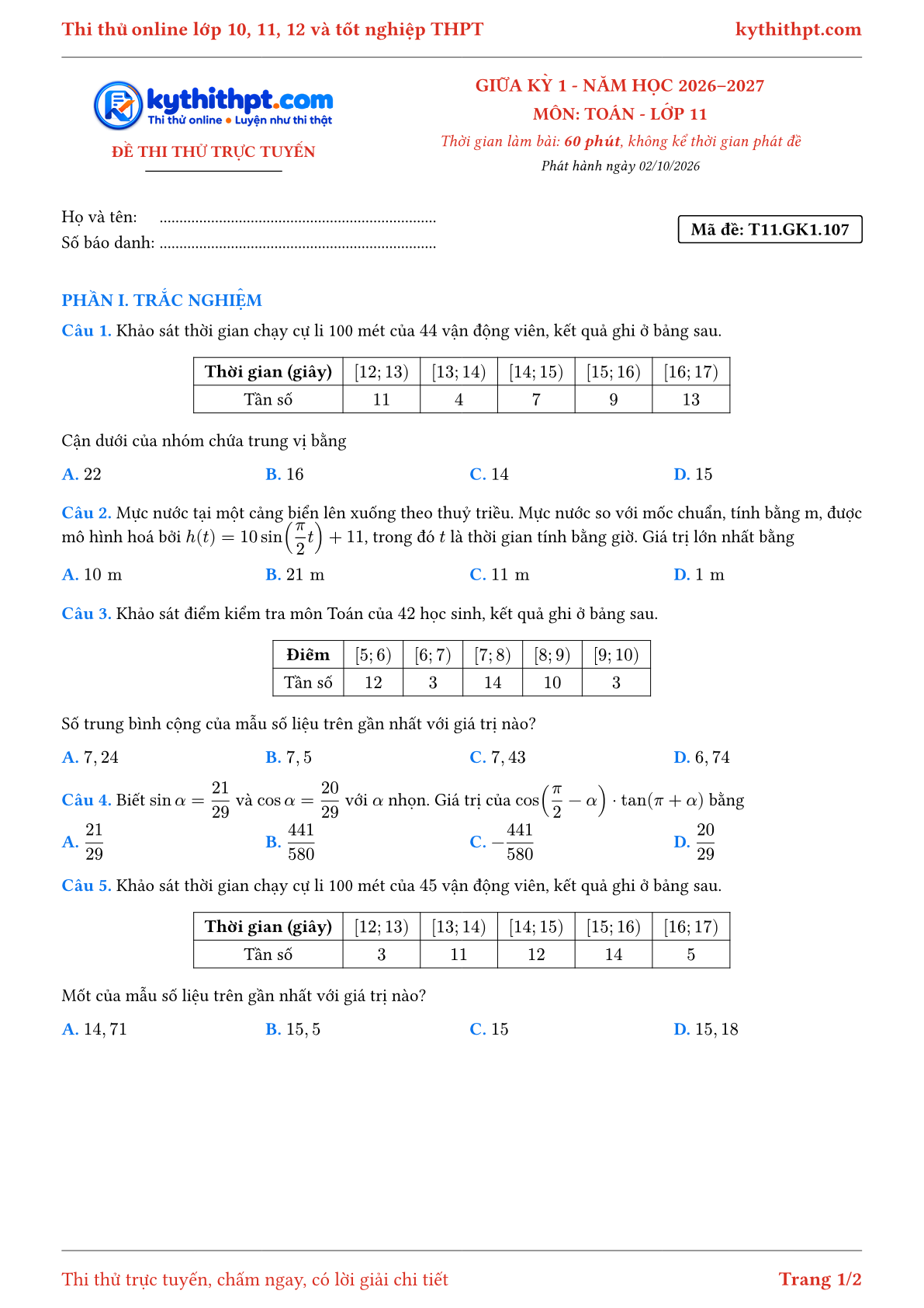 Trang đầu Đề thi thử online giữa kỳ 1 môn Toán lớp 11 - trắc nghiệm + tự luận - đề 109