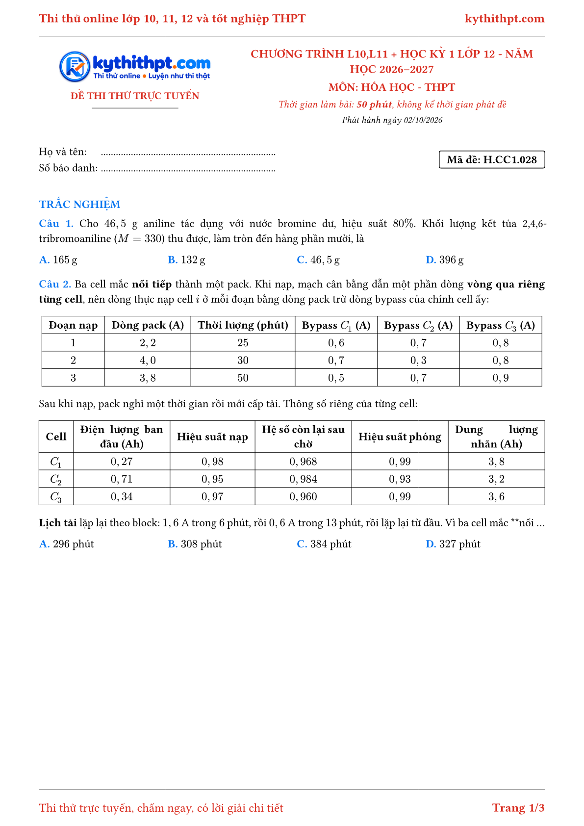 Trang đầu Đề thi thử online môn Hóa học theo chương trình lớp 10, 11 và học kỳ 1 lớp 12 - ôn luyện trắc nghiệm - đề 028