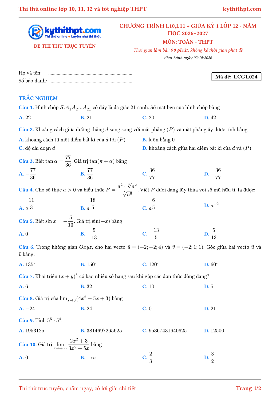 Trang đầu Đề thi thử online môn Toán theo chương trình lớp 10, 11 và giữa kỳ 1 lớp 12 - chuẩn cấu trúc tốt nghiệp - đề 024
