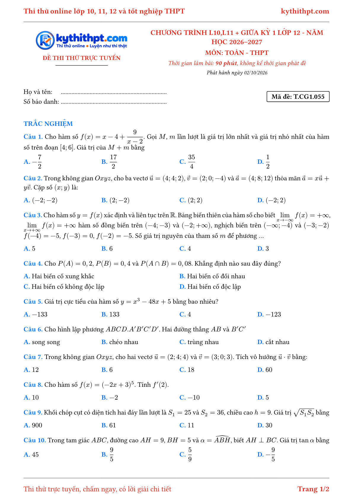 Trang đầu Đề thi thử online môn Toán theo chương trình lớp 10, 11 và giữa kỳ 1 lớp 12 - ôn luyện trắc nghiệm - đề 056