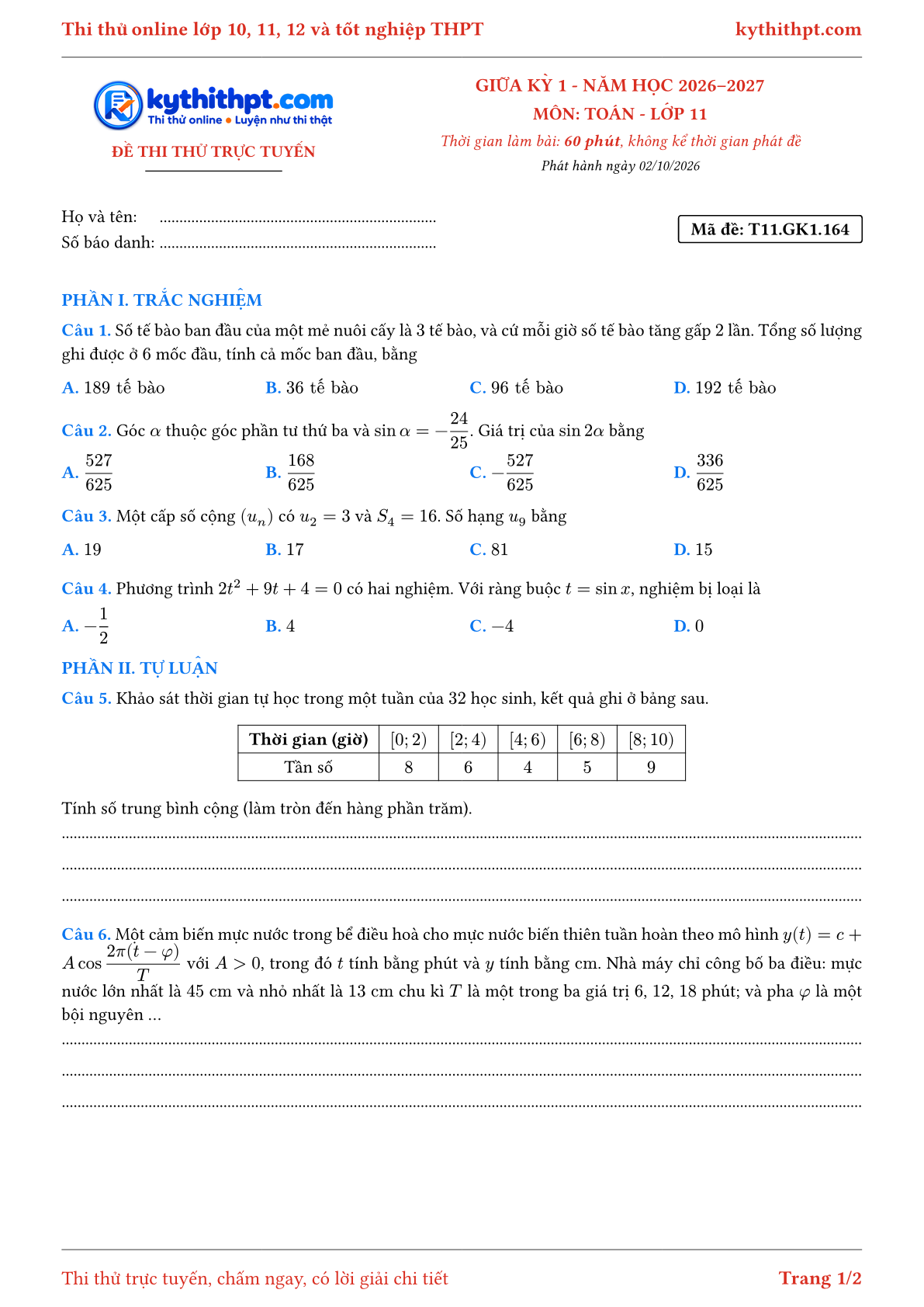 Trang đầu Đề thi thử online giữa kỳ 1 môn Toán lớp 11 - trắc nghiệm + tự luận nâng cao - đề 168