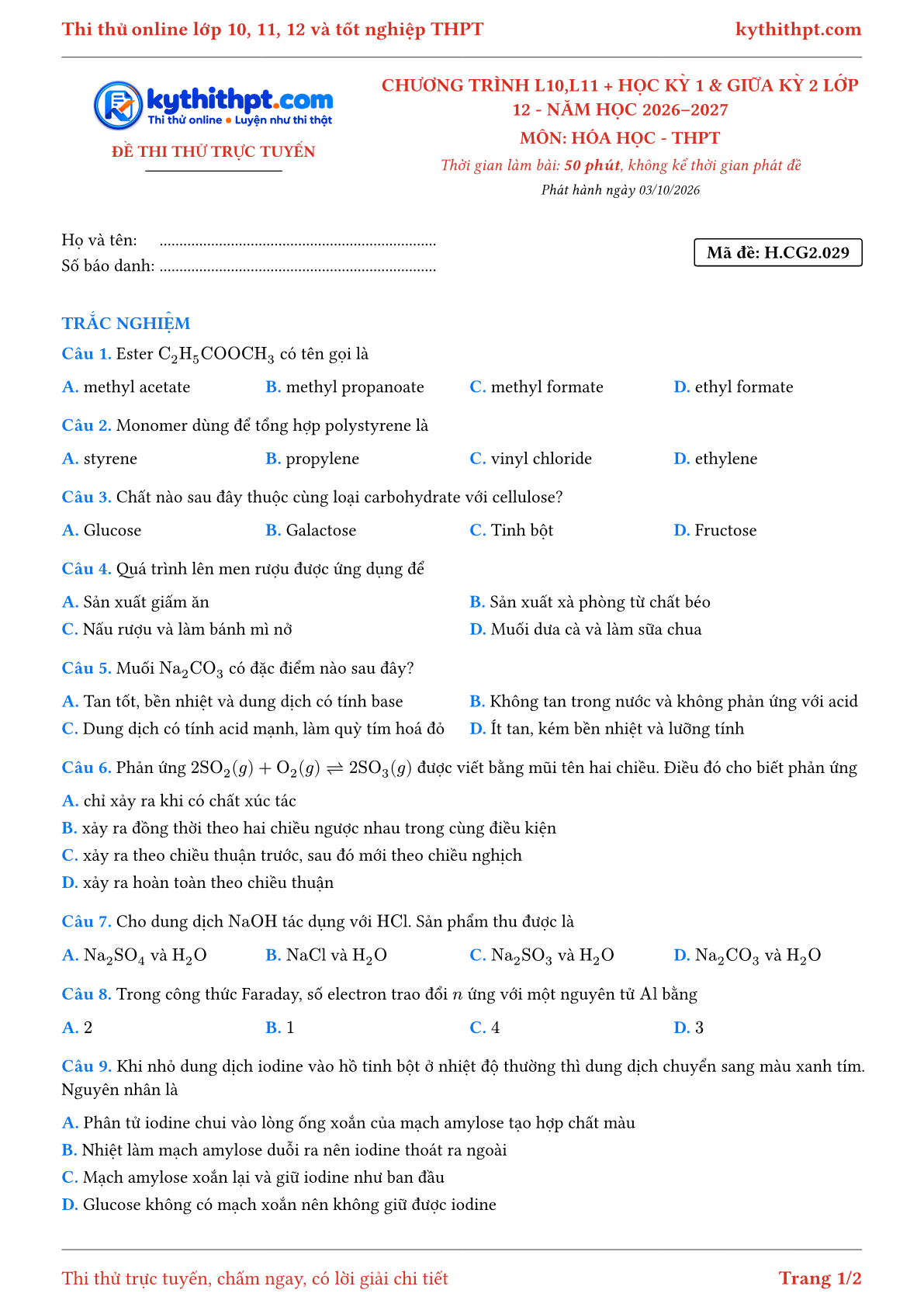 Trang đầu Đề thi thử online môn Hóa học theo chương trình lớp 10, 11 và học kỳ 1, giữa kỳ 2 lớp 12 - ôn luyện trắc nghiệm - đề 030