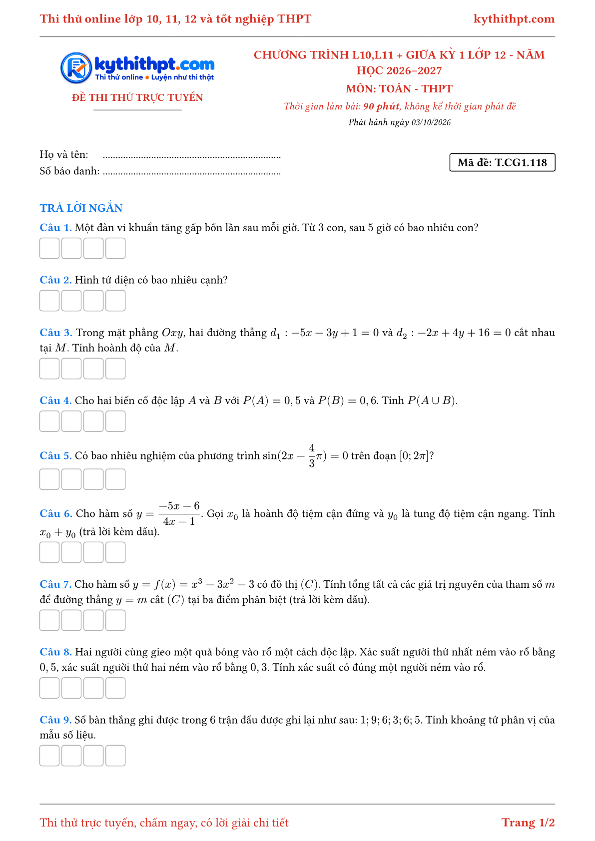 Trang đầu Đề thi thử online môn Toán theo chương trình lớp 10, 11 và giữa kỳ 1 lớp 12 - ôn luyện trả lời ngắn - đề 120