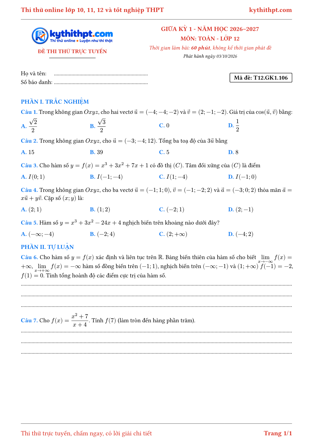 Trang đầu Đề thi thử online giữa kỳ 1 môn Toán lớp 12 - trắc nghiệm + tự luận - đề 106