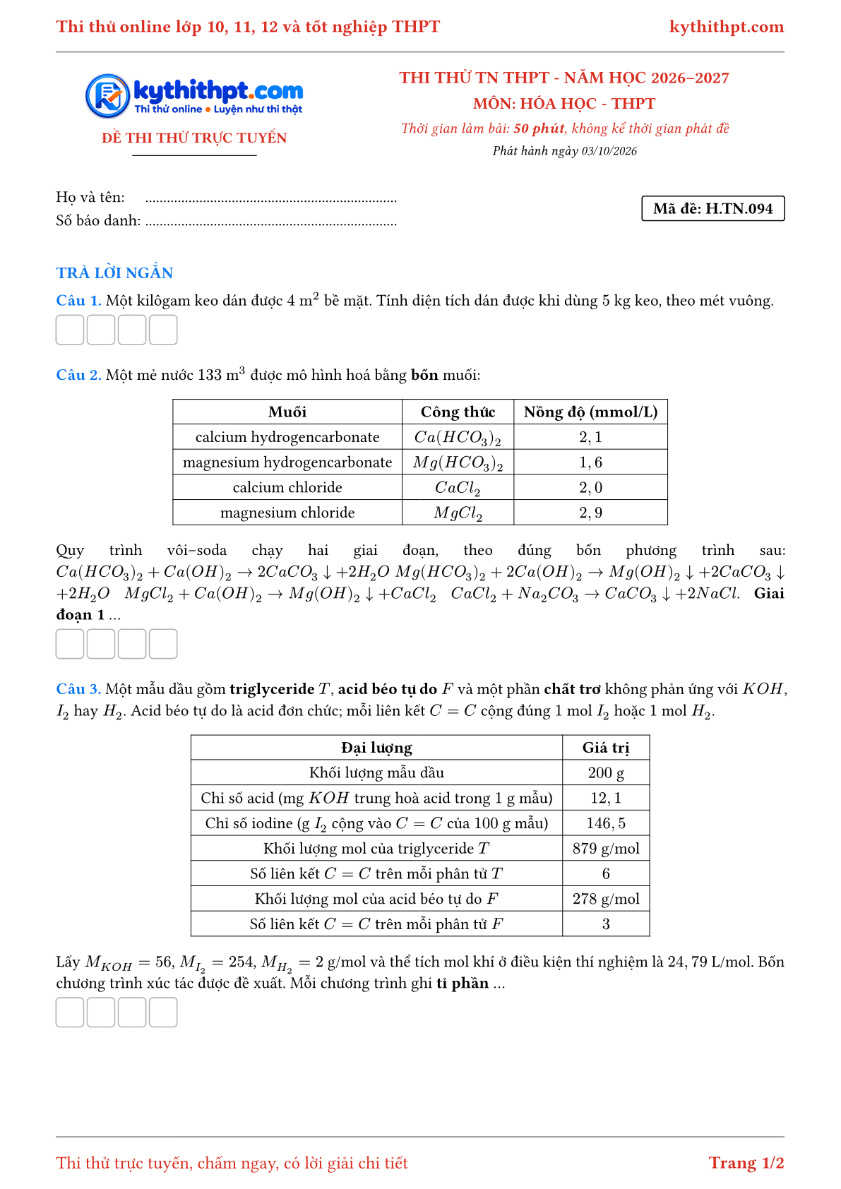 Trang đầu Đề thi thử online tốt nghiệp THPT môn Hóa học - ôn luyện trả lời ngắn - đề 094