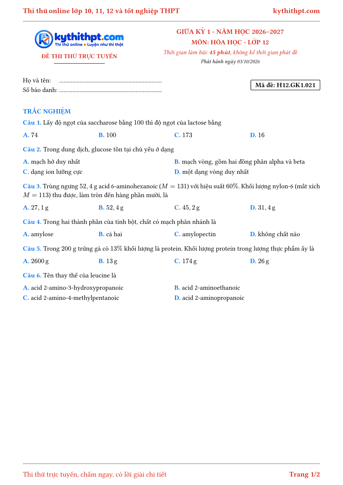 Trang đầu Đề thi thử online giữa kỳ 1 môn Hóa học lớp 12 - full trắc nghiệm - đề 021