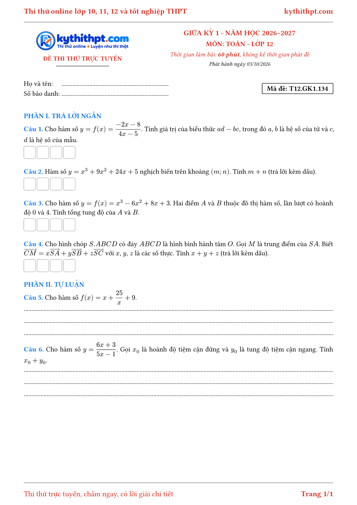 Trang đầu Đề thi thử online giữa kỳ 1 môn Toán lớp 12 - trả lời ngắn + tự luận - đề 134