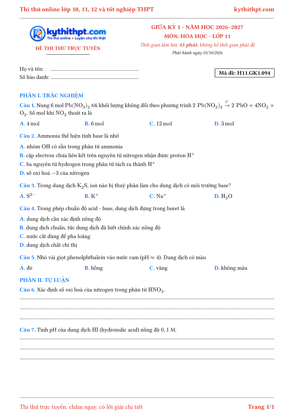 Trang đầu Đề thi thử online giữa kỳ 1 môn Hóa học lớp 11 - trắc nghiệm + tự luận - đề 096