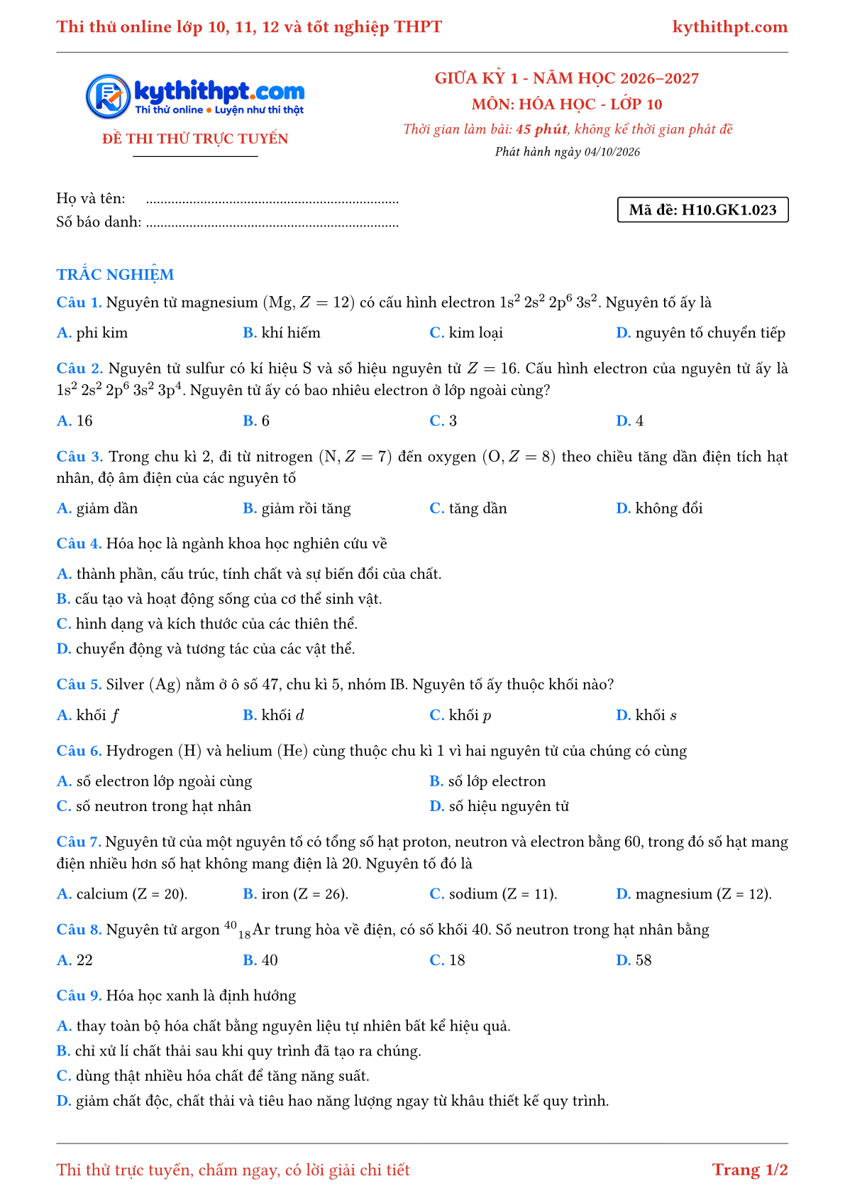 Trang đầu Đề thi thử online giữa kỳ 1 môn Hóa học lớp 10 - full trắc nghiệm - đề 023