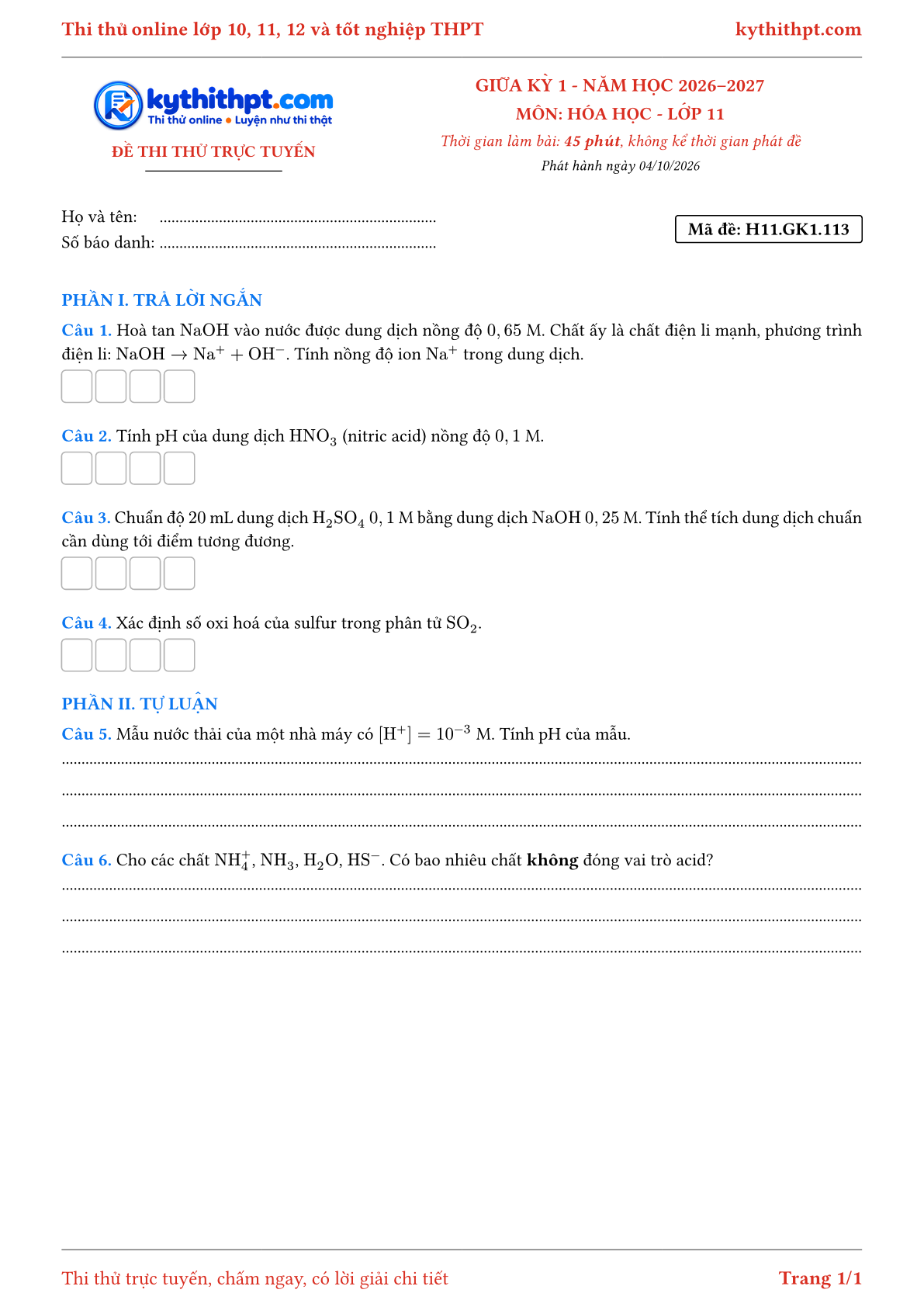 Trang đầu Đề thi thử online giữa kỳ 1 môn Hóa học lớp 11 - trả lời ngắn + tự luận - đề 115