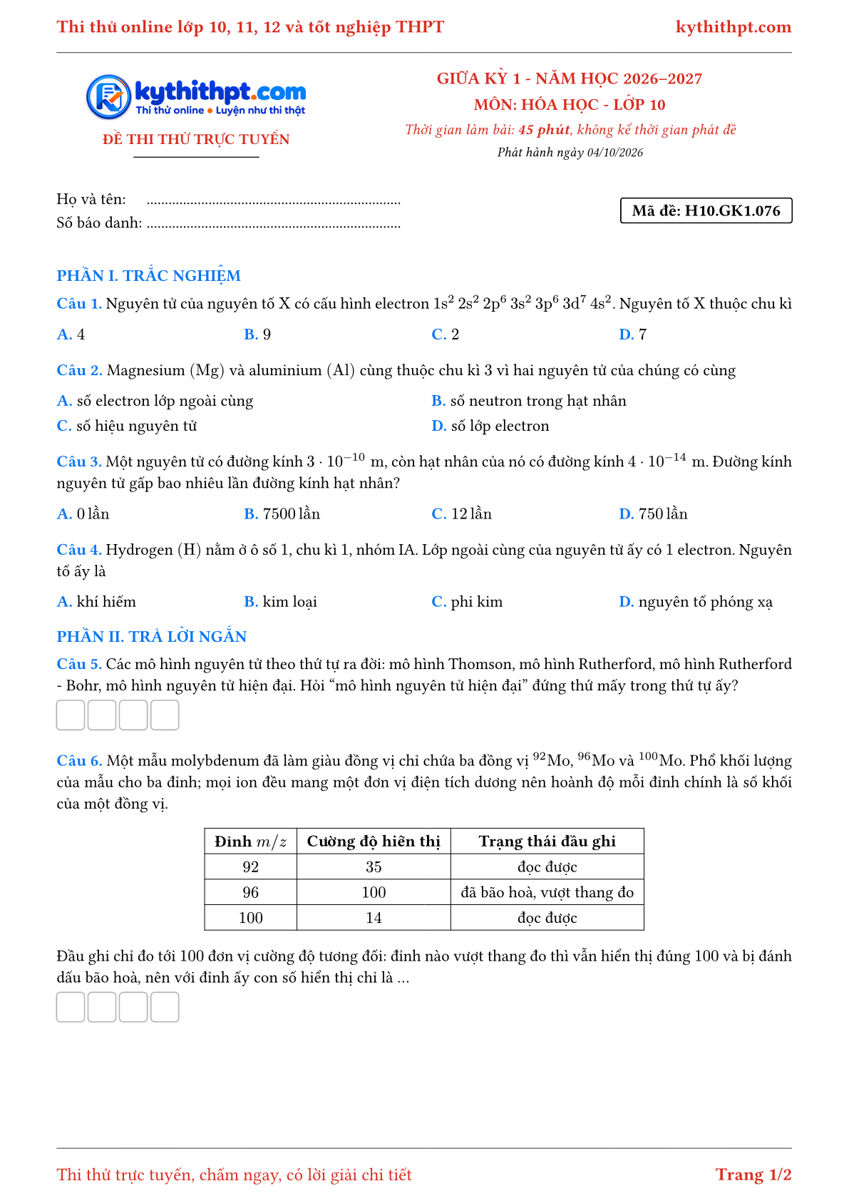 Trang đầu Đề thi thử online giữa kỳ 1 môn Hóa học lớp 10 - trắc nghiệm + trả lời ngắn + tự luận - đề 078