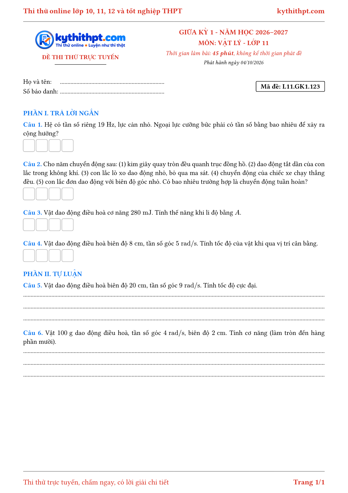 Trang đầu Đề thi thử online giữa kỳ 1 môn Vật lý lớp 11 - trả lời ngắn + tự luận - đề 125