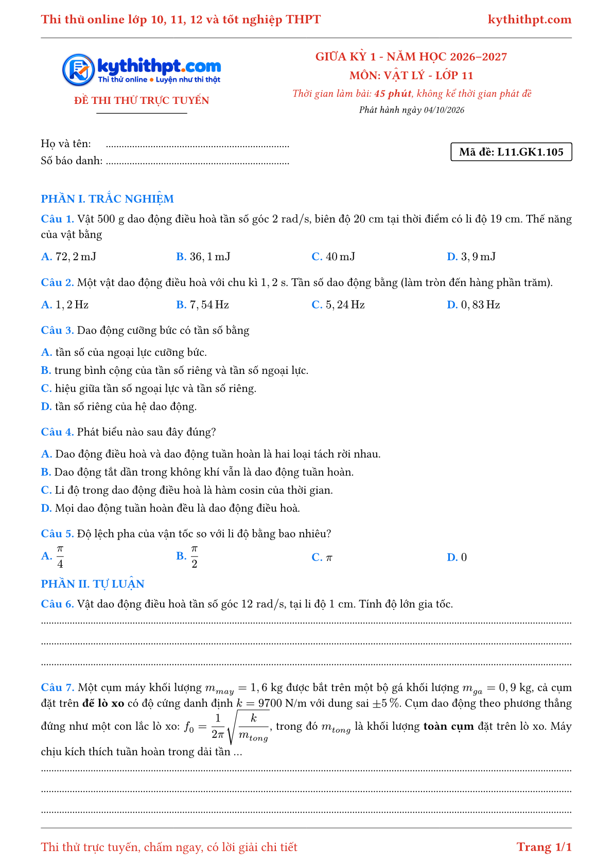 Trang đầu Đề thi thử online giữa kỳ 1 môn Vật lý lớp 11 - trắc nghiệm + tự luận - đề 106