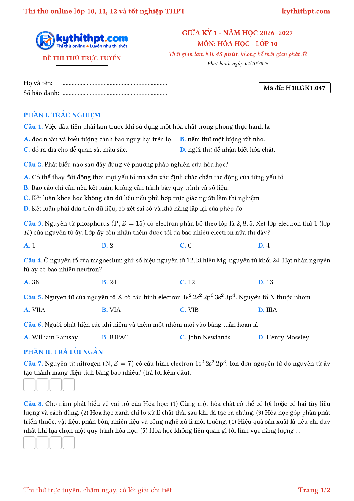 Trang đầu Đề thi thử online giữa kỳ 1 môn Hóa học lớp 10 - trắc nghiệm + trả lời ngắn - đề 048