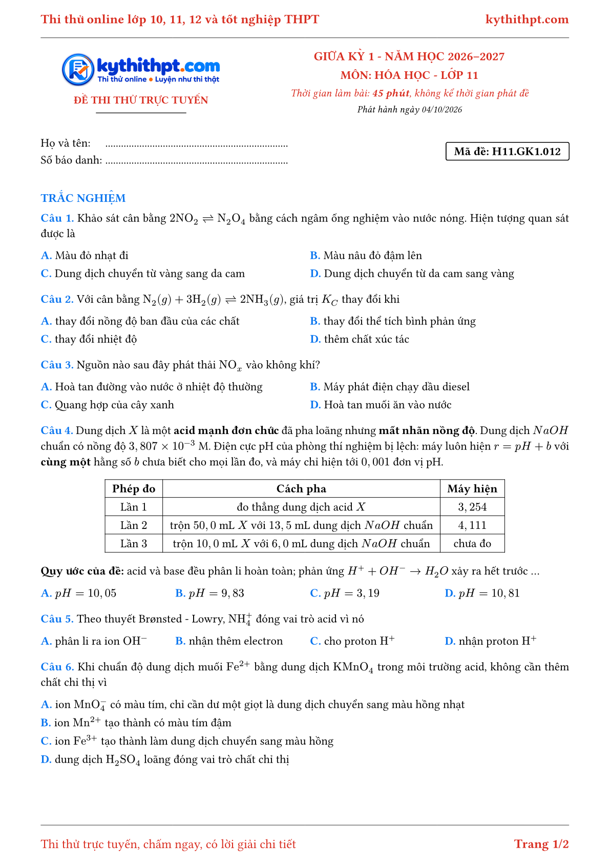 Trang đầu Đề thi thử online giữa kỳ 1 môn Hóa học lớp 11 - full trắc nghiệm - đề 012