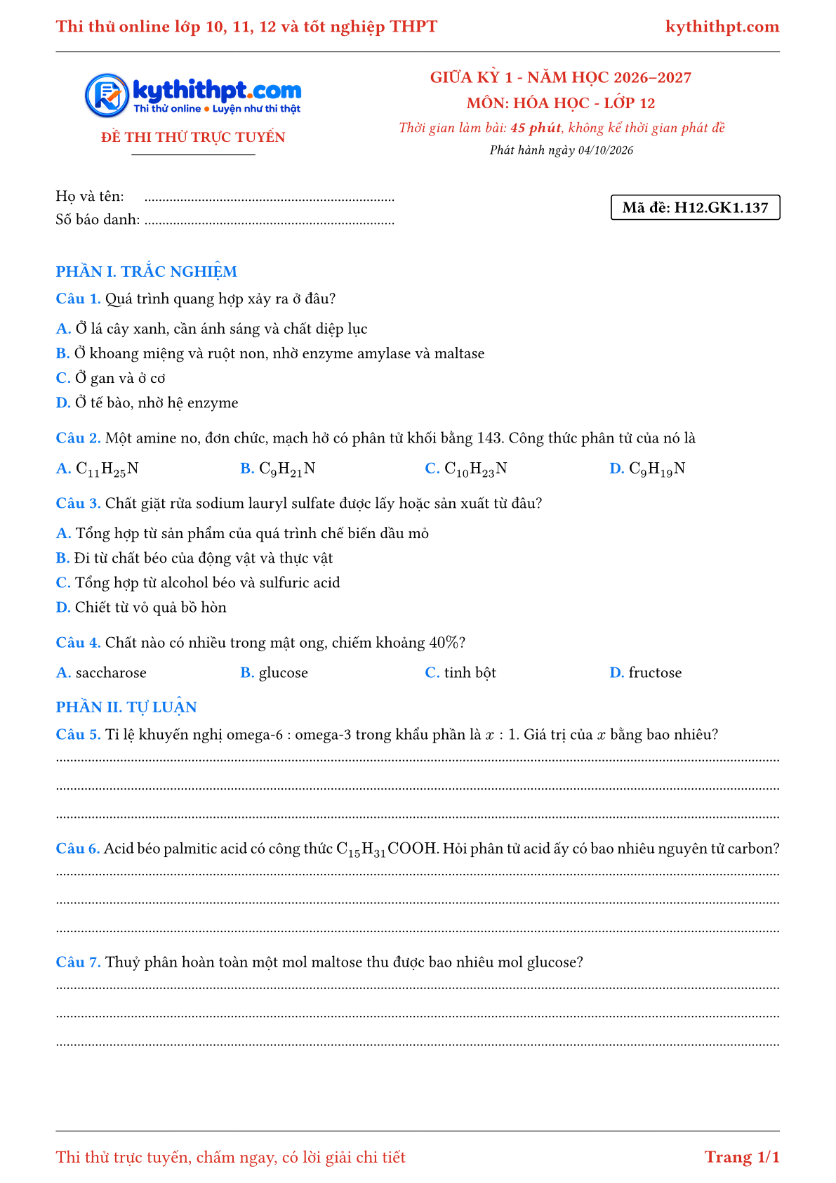 Trang đầu Đề thi thử online giữa kỳ 1 môn Hóa học lớp 12 - trắc nghiệm + tự luận nâng cao - đề 140