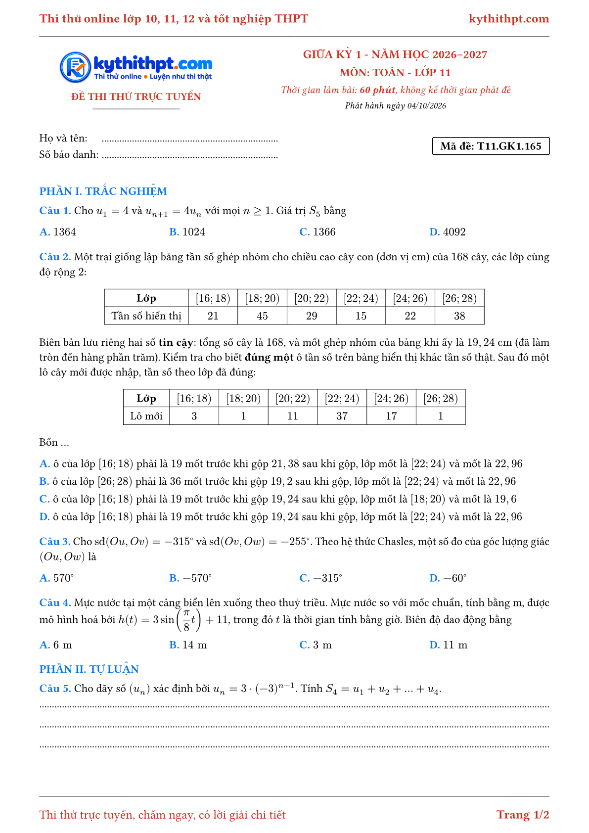 Trang đầu Đề thi thử online giữa kỳ 1 môn Toán lớp 11 - trắc nghiệm + tự luận nâng cao - đề 169