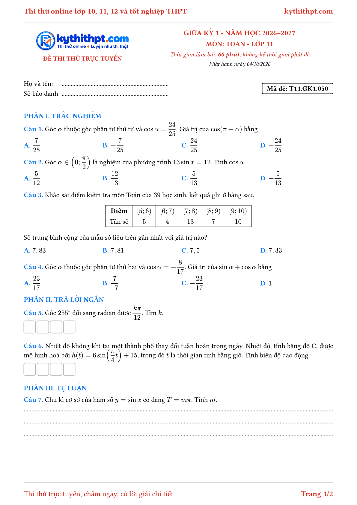 Trang đầu Đề thi thử online giữa kỳ 1 môn Toán lớp 11 - trắc nghiệm + trả lời ngắn + tự luận - đề 051